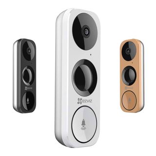 Three Ezviz video doorbells in black, white and bronze.