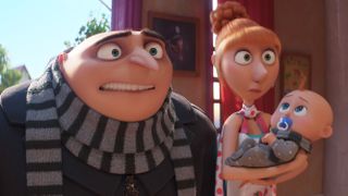 (L-R) Gru standing next to his wife, Lucy, who's holding baby Gru Jr. in Despicable Me 4