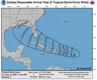 An image offers rough predictions of when Laura might bring its first tropical storm-force winds to each region.