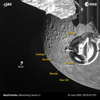 An annotated image showing part of the BepiColombo flyby on June 23, 2022.