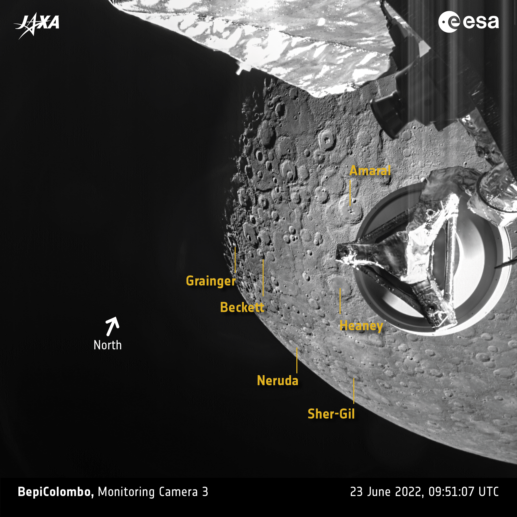 An annotated image showing part of the BepiColombo flyby on June 23, 2022.