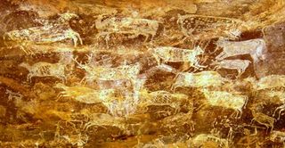 Prehistoric art of hoofed animals was found in Bhimbetka, India, in a cave with thunderous reverberations.