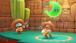 Skærmbillede fra Super Mario Odyssey med Mario som spiller guitar.