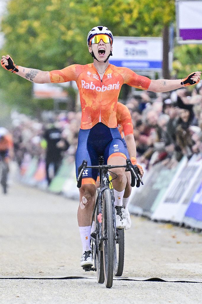 Dutch Lorena Wiebes celebrates as she crosses the finish line to win the women elite race at the UCI World Gravel Championships, Saturday 11 October 2025, in Maastricht, The Netherlands. BELGA PHOTO DIRK WAEM (Photo by DIRK WAEM / BELGA MAG / Belga via AFP) (Photo by DIRK WAEM/BELGA MAG/AFP via Getty Images)