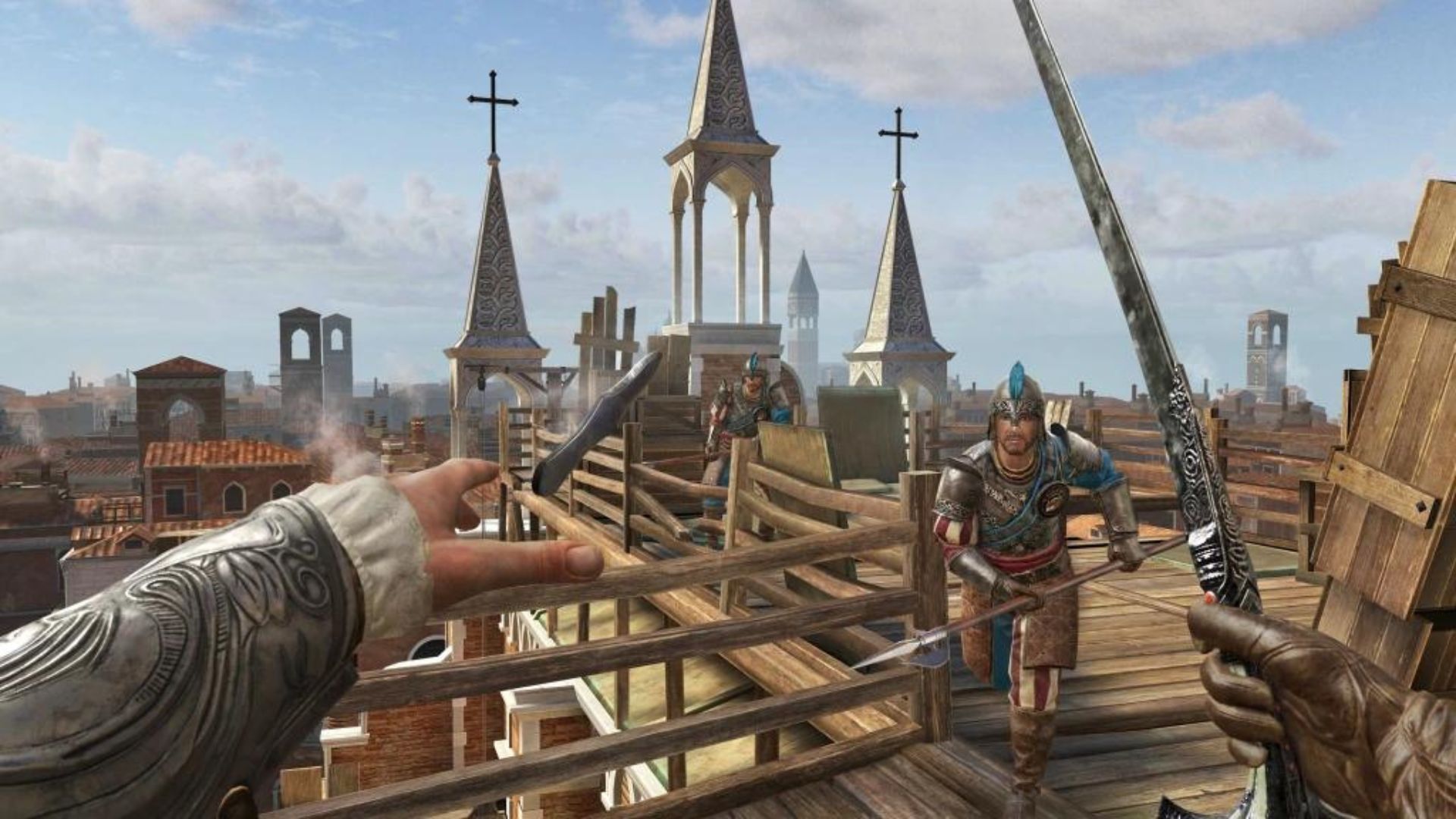 Facing an enemy atop a building with a city in the distance in Assassins Creed Nexus VR