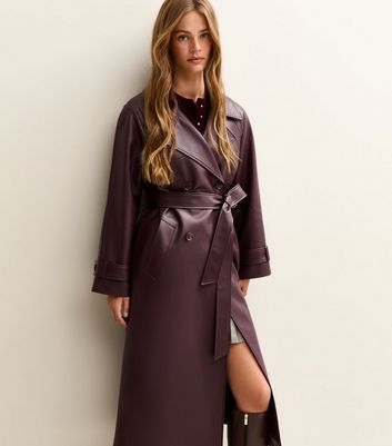 Burgundy Faux Leather Trench Coat