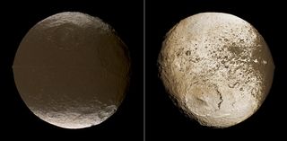 Left-hand panel shows the moon's leading hemisphere and the right-hand panel shows the moon's trailing side