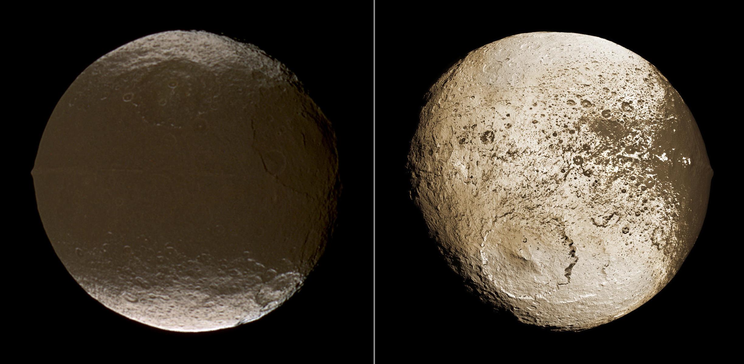 two panels showing two different views of Iapetus. The left panel shows a very dark surface while the right panel shows a very light colored surface.