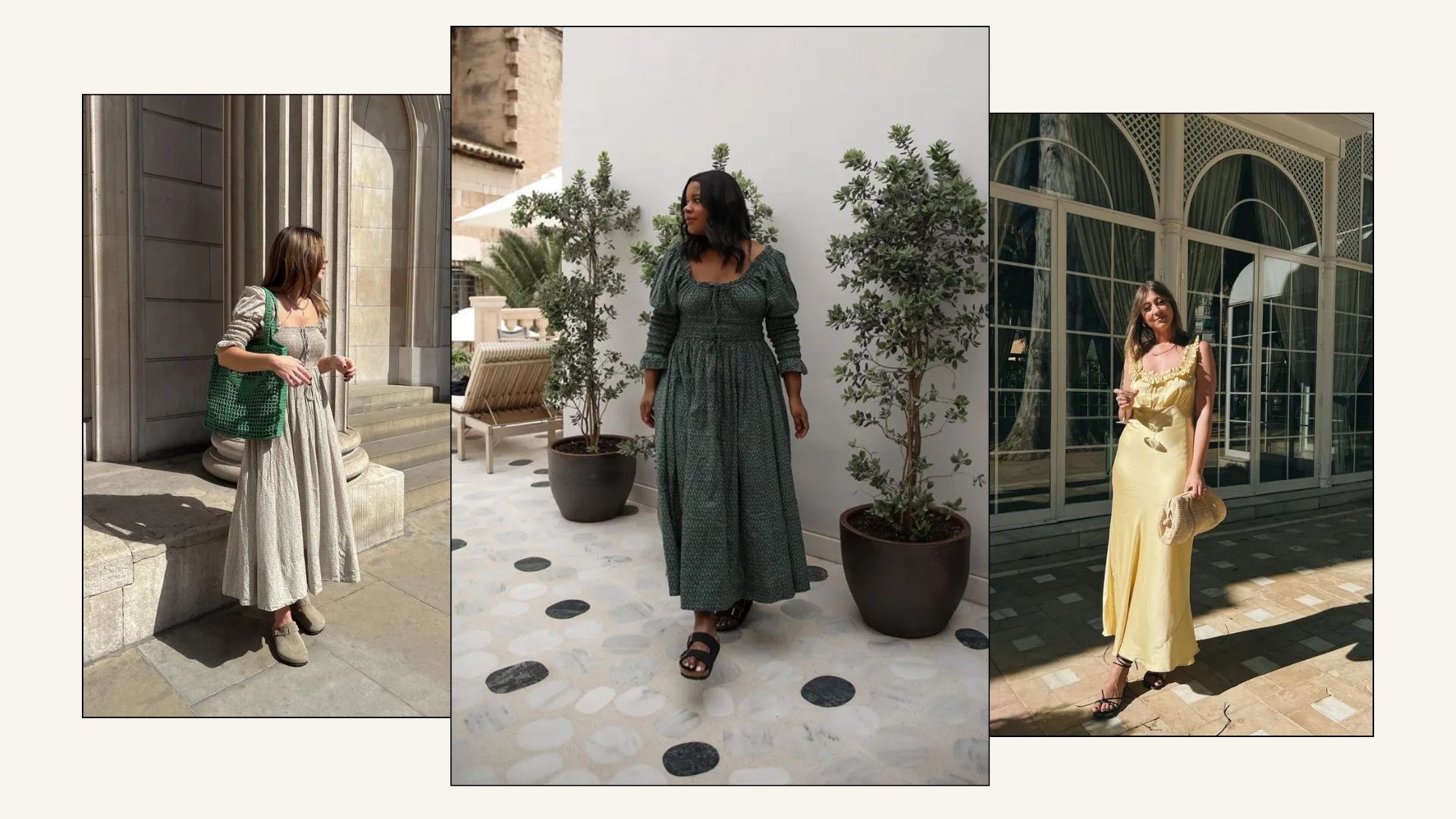 Three women wearing Doen dresses