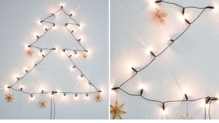 Christmas tree alternative made using fairy lights on a wall in the shape of a tree