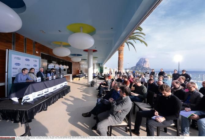 Omega Pharma-QuickStep management field questions from the press during the squad's training camp in Calpe