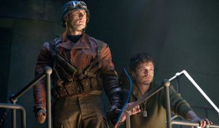 Captain America: The First Avenger Cap and Bucky stand on a walkway in the HYDRA base