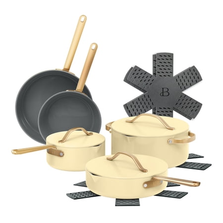 Beautiful 12-Piece Ceramic Nonstick Cookware Set, Pots and Pans With Strainer Lids, Buttercream by Drew Barrymore