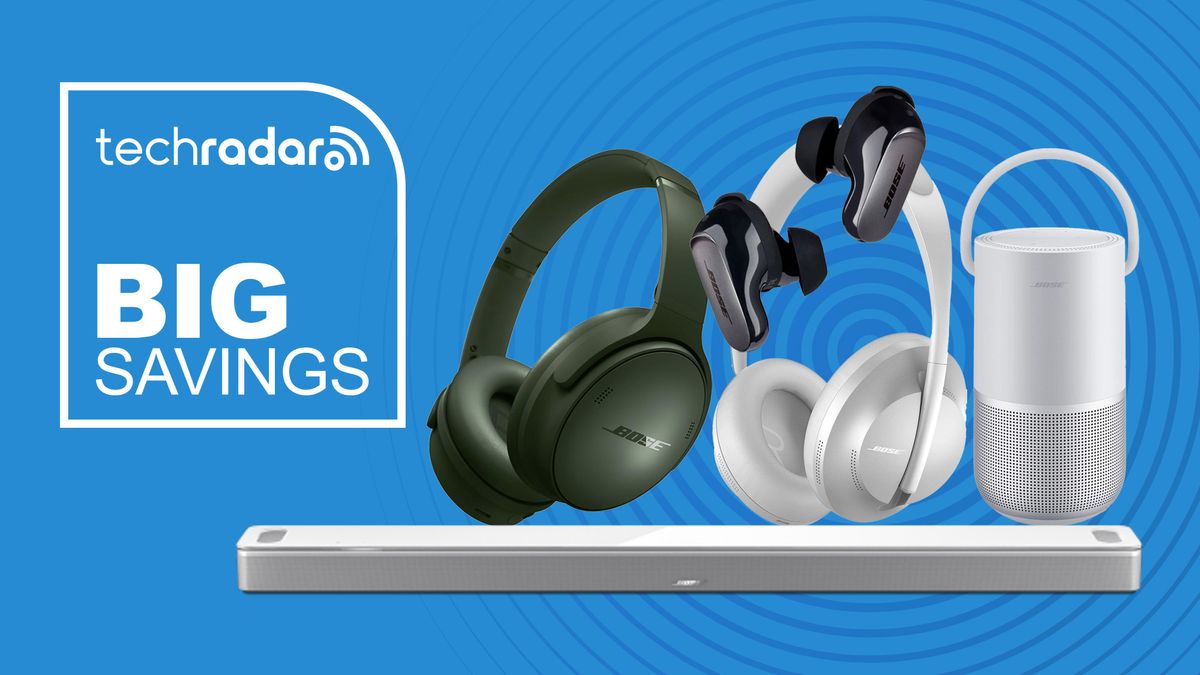 Bose headphones, speakers and soundbars on blue background with &quot;Big Savings&quot; text in white.