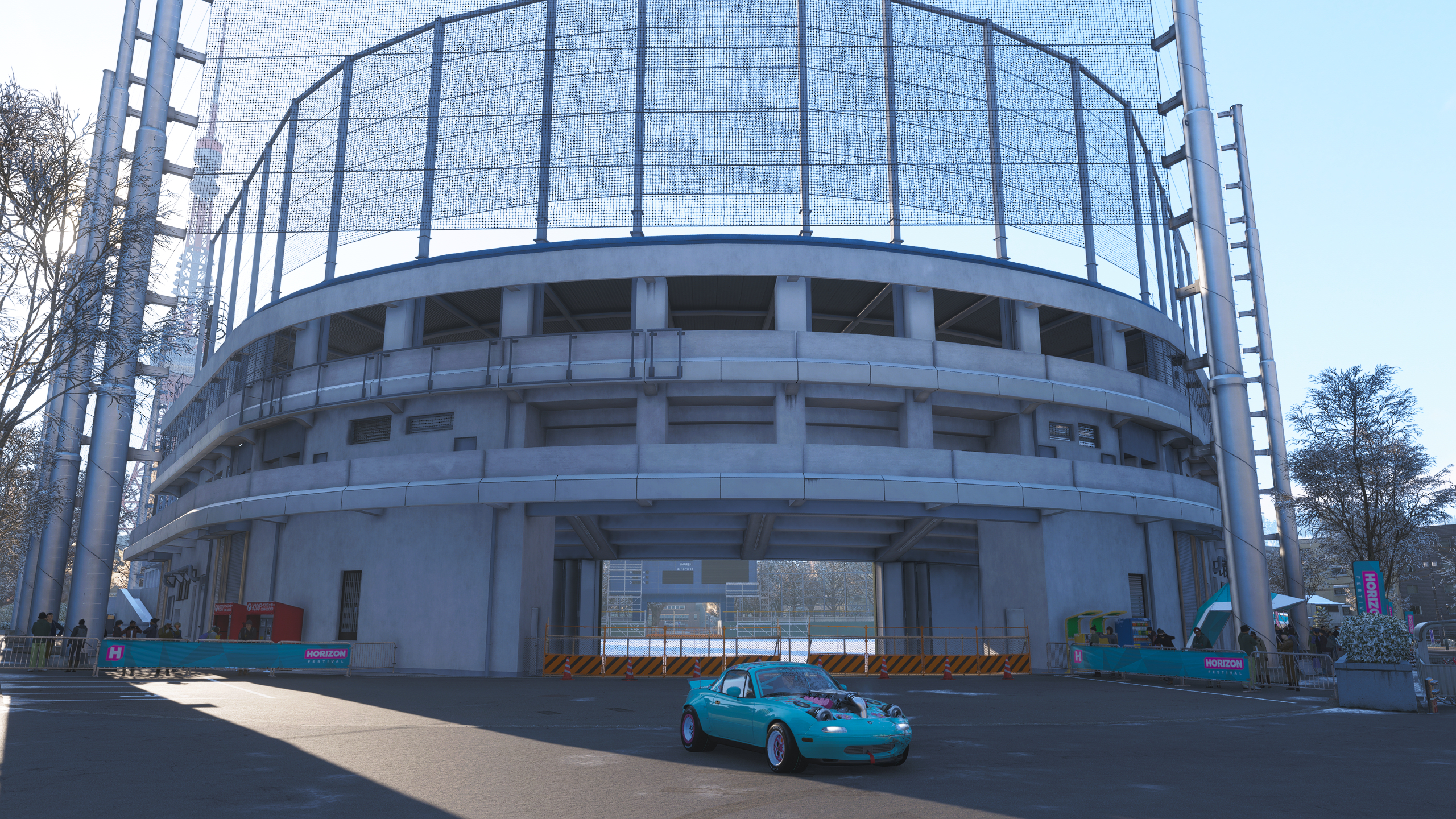 Forza Horizon 6 Pitcher Perfect: A Mazda MX5 parked outside Edogawa Baseball Stadium in winter.