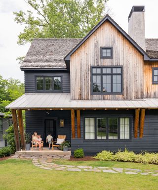 Wooden house, black wood front porch
