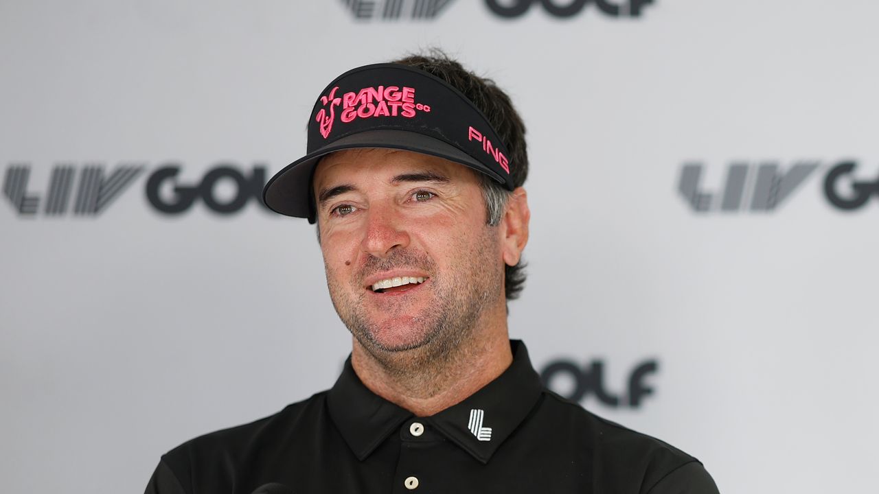 Bubba Watson smiles during a LIV Golf League press conference in 2024