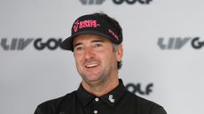 Bubba Watson smiles during a LIV Golf League press conference in 2024