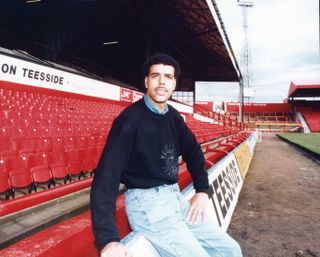 Chris Kamara is unveiled by Middlesbrough after signing on loan from Luton Town in February 1993.