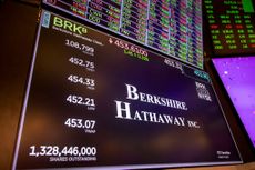 Berkshire Hathaway Inc. signage on the floor of the New York Stock Exchange (NYSE) in New York, US, on Tuesday, December 31, 2024