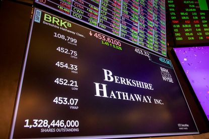 Berkshire Hathaway Inc. signage on the floor of the New York Stock Exchange (NYSE) in New York, US, on Tuesday, December 31, 2024