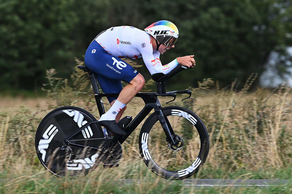 JARDRES, FRANCE - AUGUST 28: Samuel Leroux of France and Team TotalEnergies competes during the 39th Tour Poitou - Charentes en Nouvelle Aquitaine 2025, Stage 3 a 27.3km time trial stage from Chauvigny to Jardres on August 28, 2025 in Jardres, France. (Photo by Luc Claessen/Getty Images)