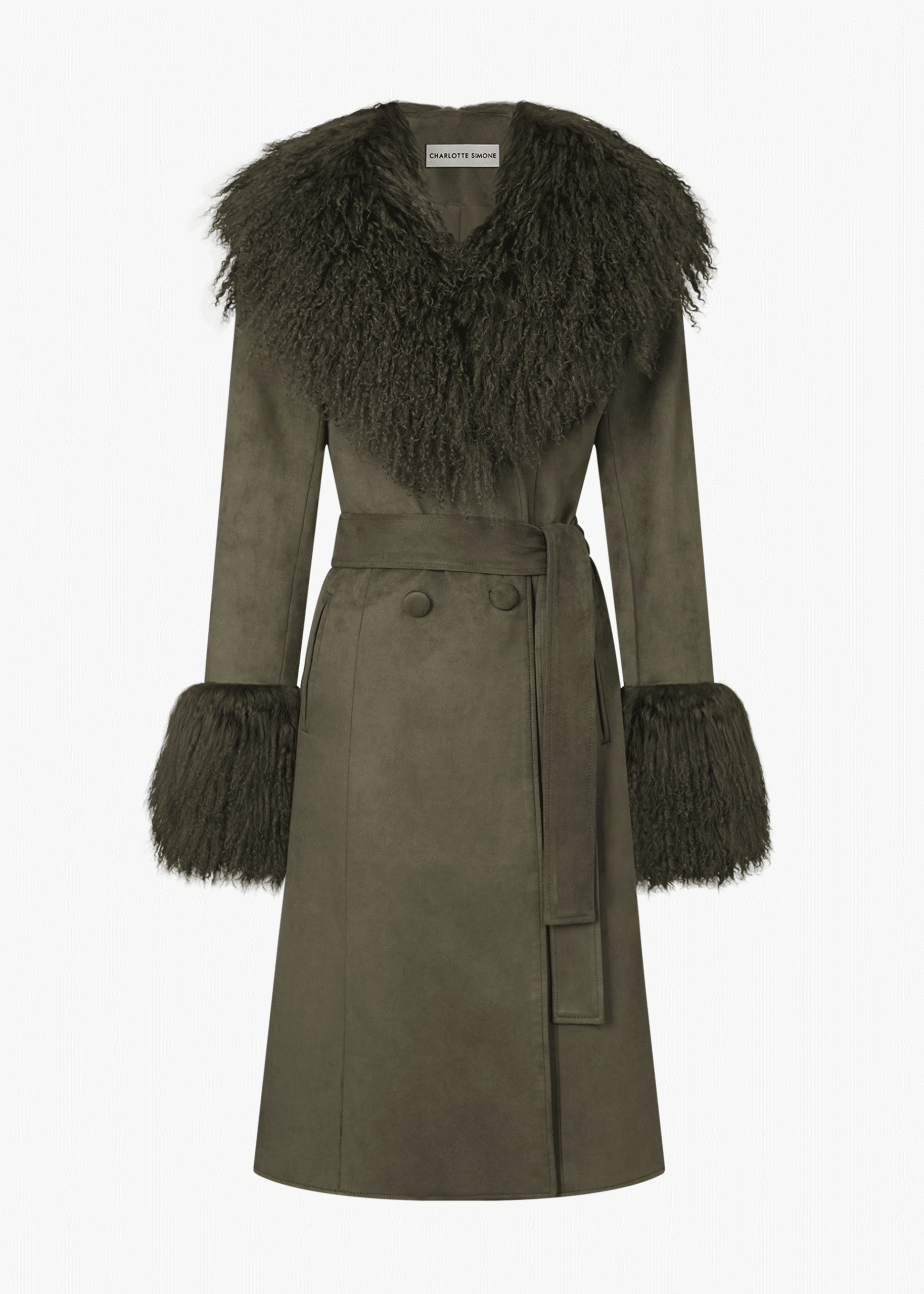 Penny Iii 70's Green Mongolian Trim Longline Coat - Khaki Suede / Xs
