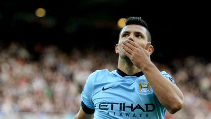 Sergio Aguero celebrates scoring Manchester City's second goal against Newcastle 
