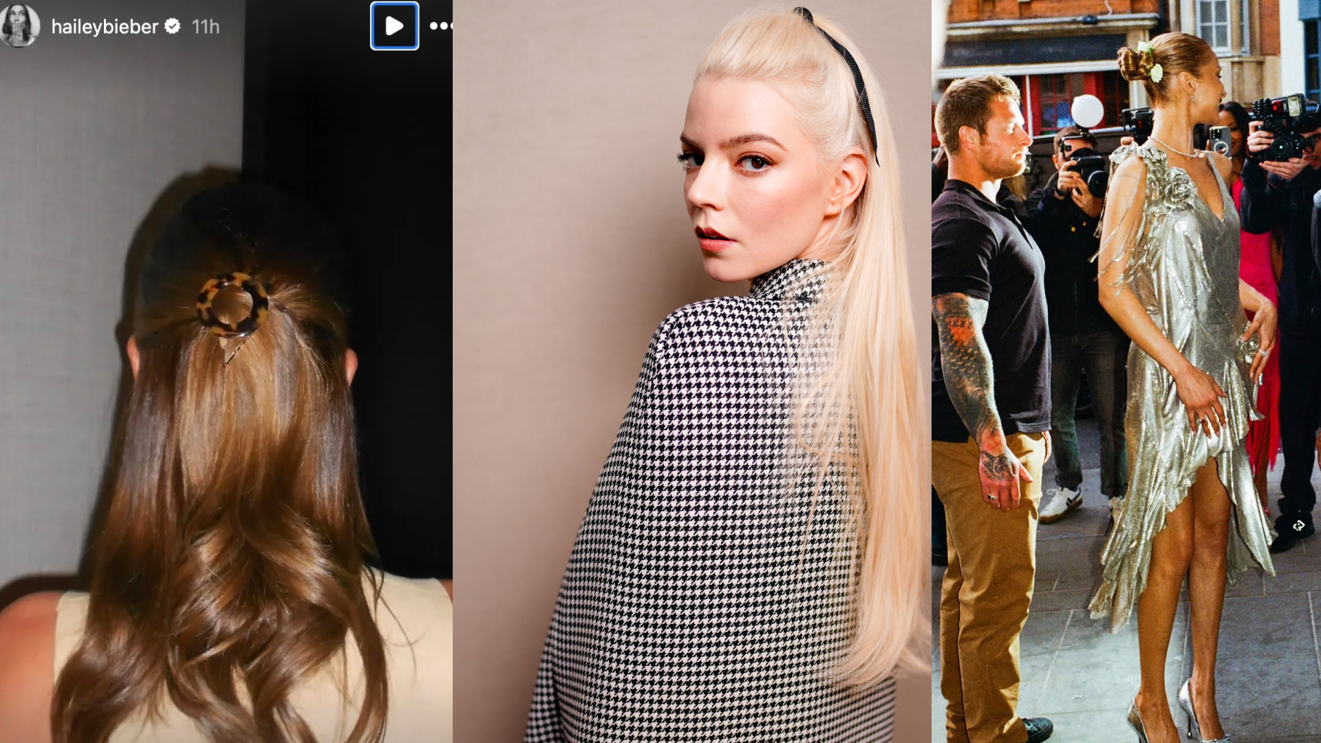 Hailey Bieber, Anya Taylor-Joy, and Bella Hadid wearing hairstyles that feature hidden accessory details