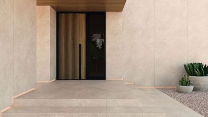 modern front porch tiled with porcelain slabs