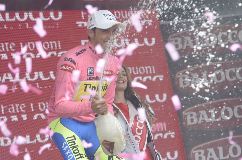 Alberto Contador sprays the champagne