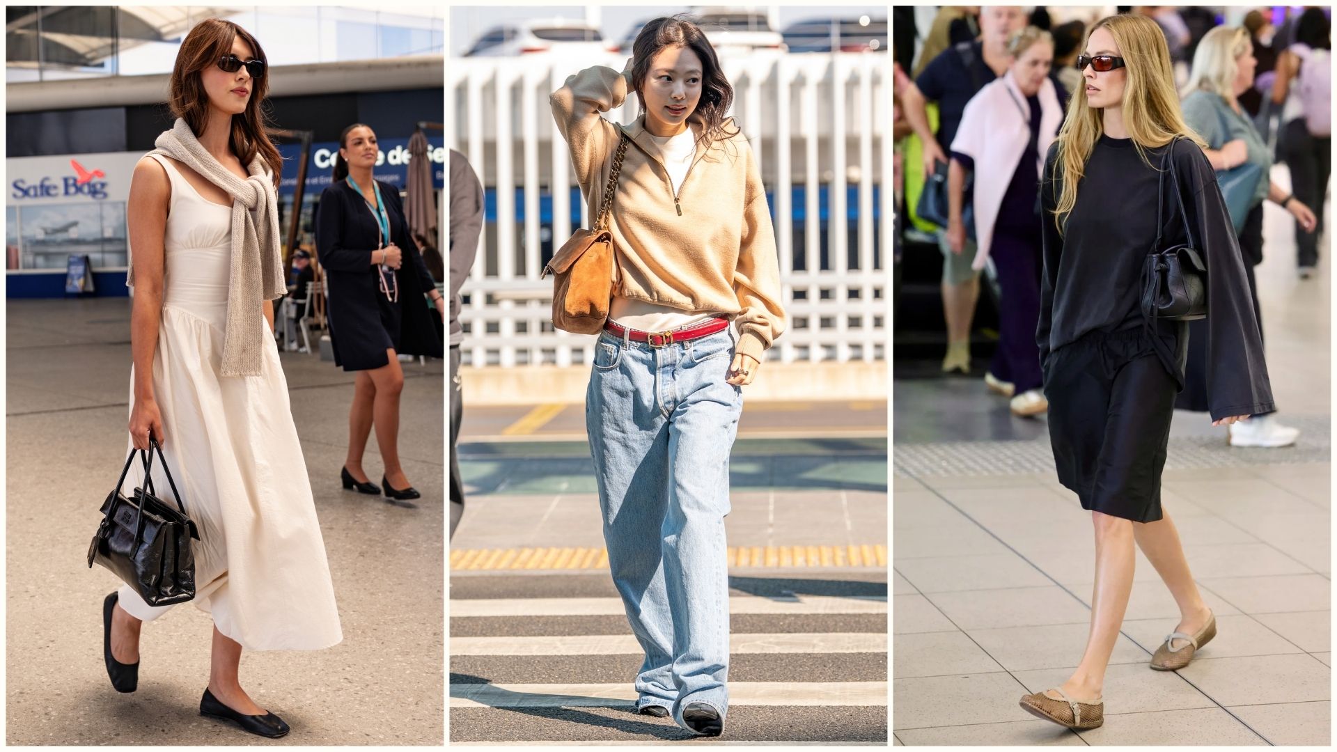 An image of chic summer airport outfit ideas, as seen on Daisy Edgar-Jones, Jennie Kim and Margot Robbie.