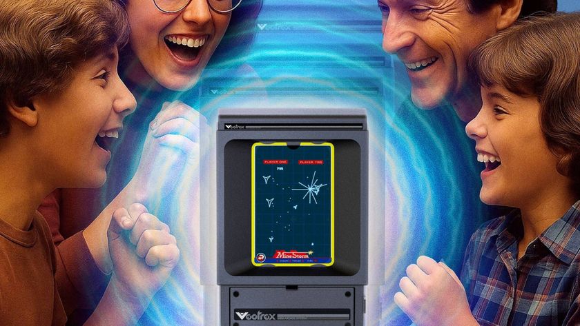 Vectrex Mini in centre with &#039;80s-style parents and children on left and right.