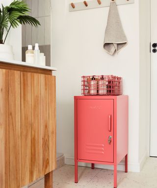 A white bathroom with wall hooks, a pink locker, and a wooden table with a plant on it
