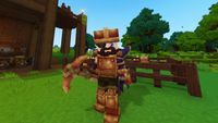 Hytale backpack: A third-person image of a character holding a pickaxe outside their wooden house.