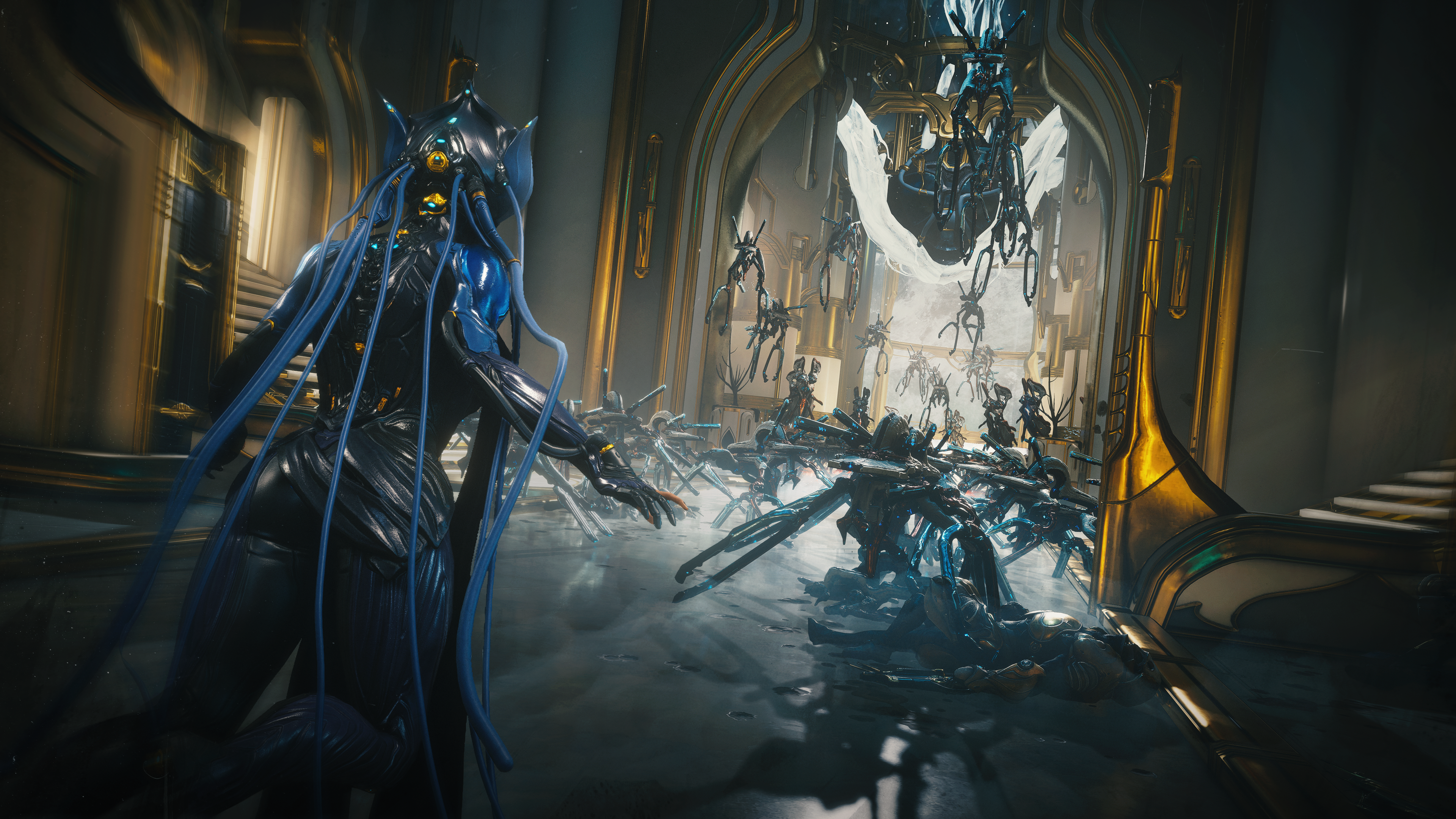 Screenshot of Warframe's Tau update, showing the Lotus facing off against an army of Sentients.