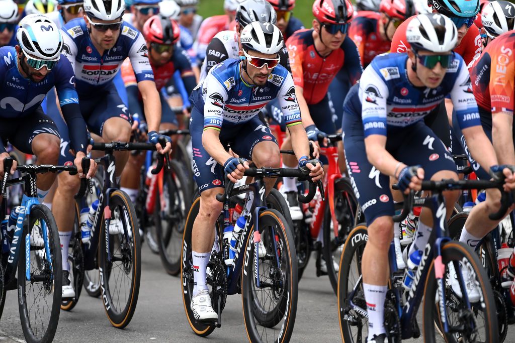 WAREGEM BELGIUM MARCH 29 Julian Alaphilippe of France and Team Soudal QuickStep competes during the 77th Dwars Door Vlaanderen 2023 Mens Elite a 1837km one day race from Roeselare to Waregem DDV23 on March 29 2023 in Waregem Belgium Photo by Tim de WaeleGetty Images