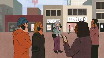 다운타운 지역에서 무선 전화로 이야기하는 사람들의 삽화
