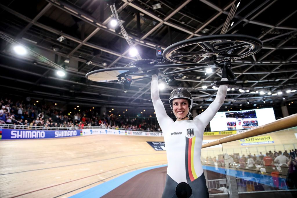 BERLIN GERMANY MARCH 01 Emma Hinze of Germany celebrates after winning Womens Keirin Final during day 5 of the UCI Track Cycling World Championships Berlin at Velodrom on March 01 2020 in Berlin Germany Photo by Maja HitijGetty Images
