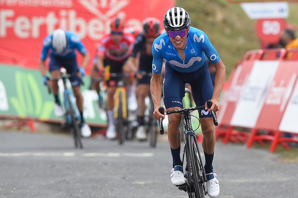 Team Movistar rider Spains Enric Mas crosses the finish line of the 3rd stage of the 2021La Vuelta cycling tour of Spain a 2028km race from Santo Domingo de Silos to Espinosa de los Monteros on August 16 2021 Photo by ANDER GILLENEA AFP Photo by ANDER GILLENEAAFP via Getty Images