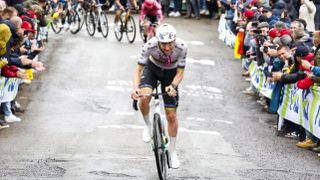 UAE Team Emirates' Slovenian rider Tadej Pogacar competes during the men's "La Fleche Wallonne" one day cycling race (Waalse Pijl - Walloon Arrow), 205,2 kms from Ciney to Huy on April 23, 2025. (Photo by Etienne GARNIER / POOL / AFP) / Belgium OUT (Photo by ETIENNE GARNIER/POOL/AFP via Getty Images)