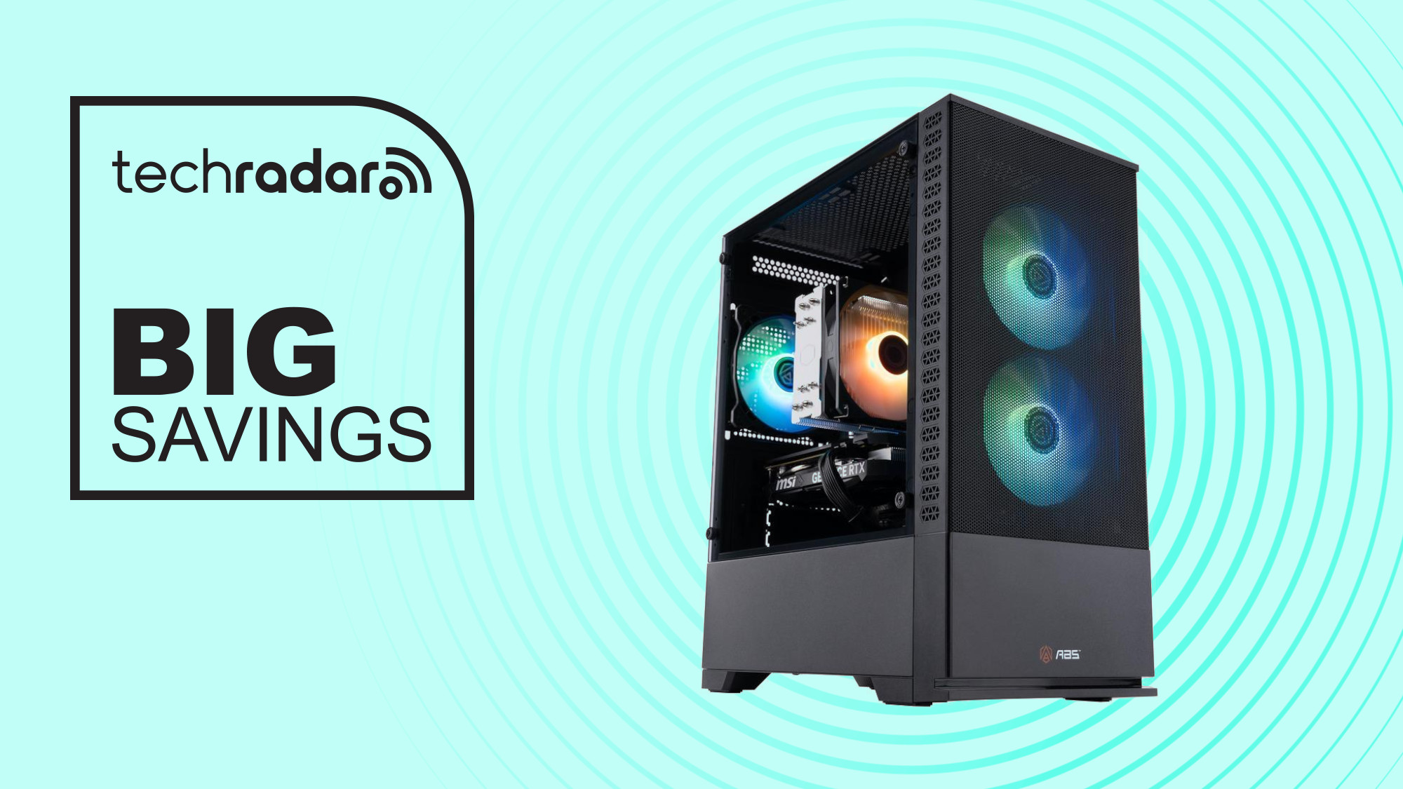 ABS Cyclone Aqua gaming PC on green background with big savings text overlay