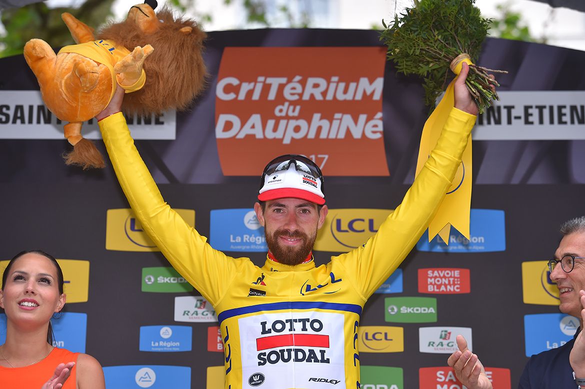 Thomas De Gendt in yellow at the Crit&eacute;rium du Dauphin&eacute;