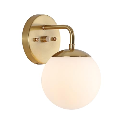Jonathan Y Jyl3534a Midcentury Modern Globe Wall Sconce, Brass Gold Vanity Light With Frosted Glass Shade, Dimmable Wall Lamp for Bathroom, Bedroom, Hallway, Hardwired, Led Bulb Included