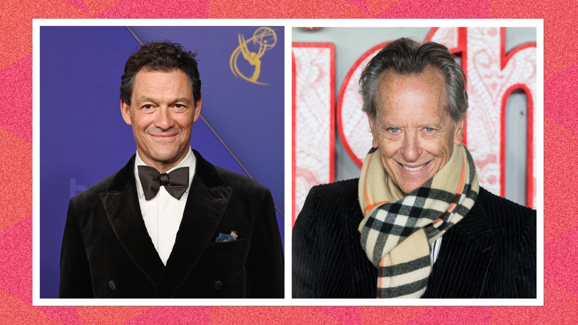 L: an image of Dominic West at the 76th Primetime Emmy Awards and R: an image of Richard E. Grant attending the "Wuthering Heights" UK Premiere at Odeon Luxe Leicester Square 