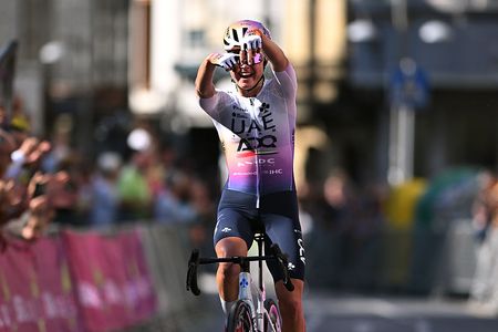 DURANGO, SPAIN - MAY 19: Paula Blasi of Spain and UAE Development Team celebrates at finish line as race winner during the 25th Durango - Durango Emakumeen Saria 2026 a 113km one day race from Durango to Durango on May 19, 2026 in Durango, Spain. (Photo by Szymon Gruchalski/Getty Images)