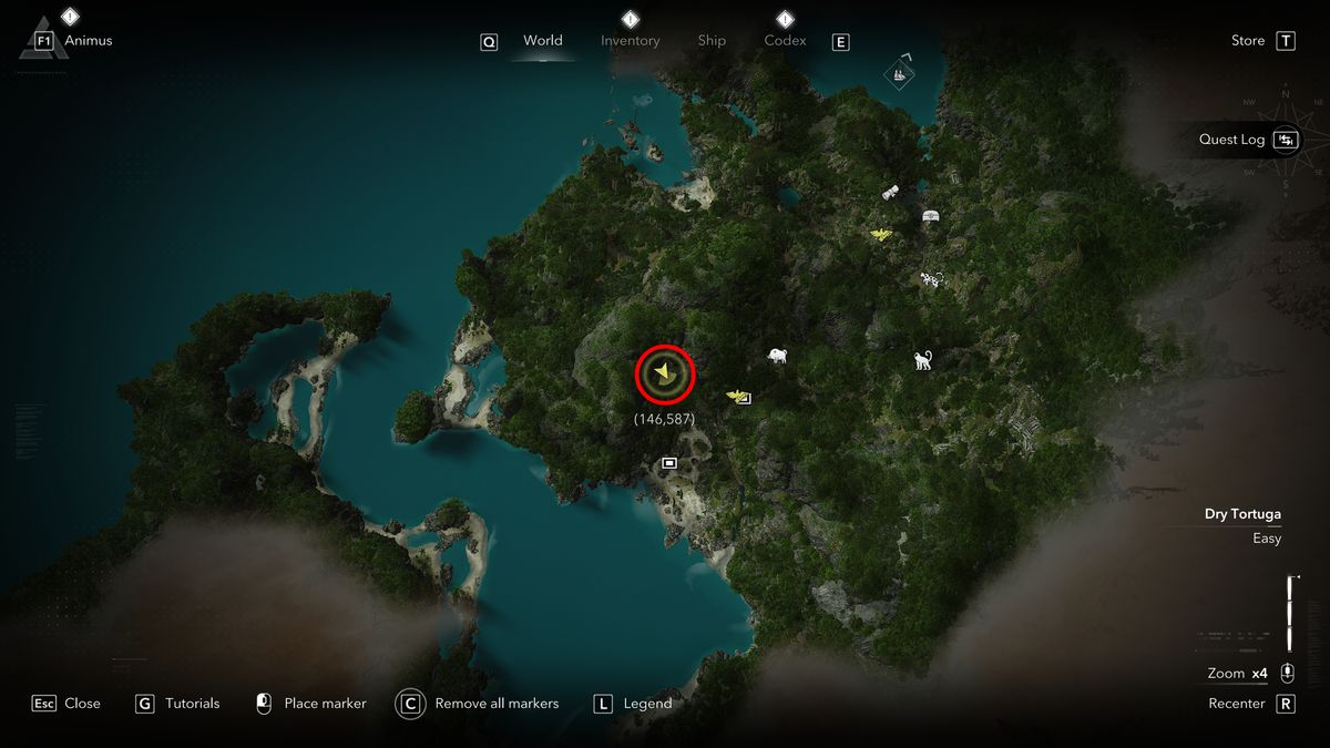 Black Flag treasure maps: A screenshot of the map with a red circle showing the location of the buried treasure chest in Cape Bonavista.