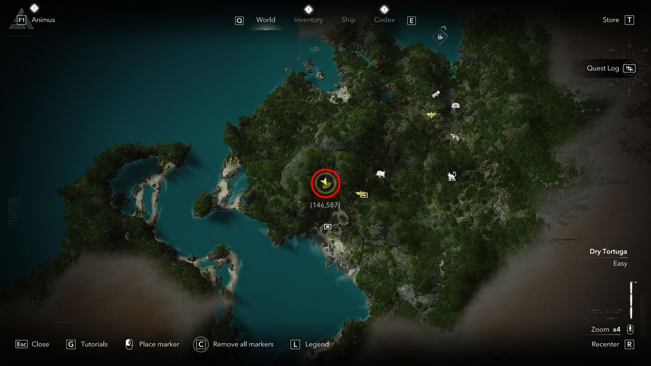 Black Flag treasure maps: A screenshot of the map with a red circle showing the location of the buried treasure chest in Cape Bonavista.