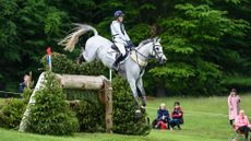 Bubby Upton and Its Cooley Time jump a cross-country fence at Bramham Horse Trials 2025.