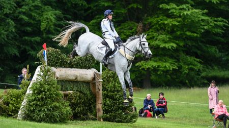 Bubby Upton and Its Cooley Time jump a cross-country fence at Bramham Horse Trials 2025.
